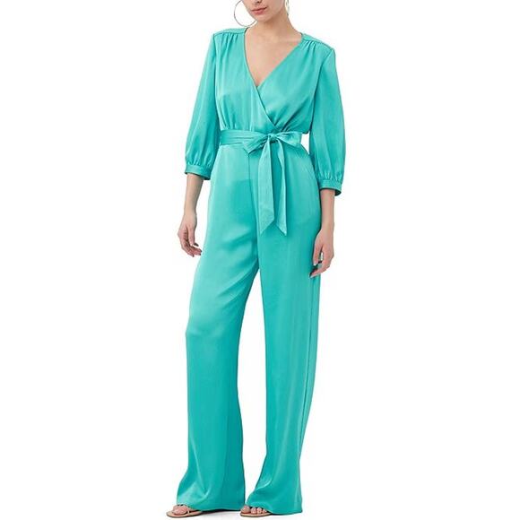 Trina Turk Mineral Jumpsuit -Teal Belted Satin 3/4 Sleeve Jumpsuit- Size 2 - Picture 1 of 5
